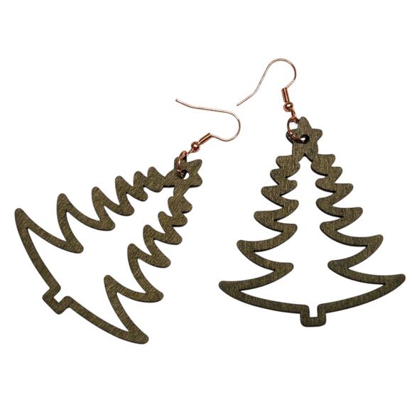 Green Wood Christmas Tree Earrings - Picture 7 of 8